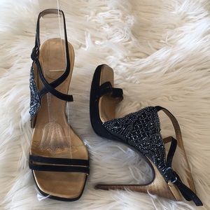 Stephane Kelian Paris Black Suede Beaded Heels/Sandals